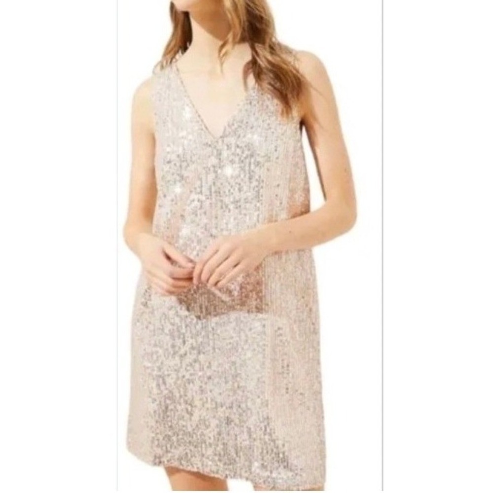 Party Glam Champagne Gold Sequin V-Neck Shift Dress with Tie Bow Pocket SZ 0